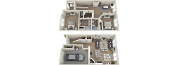 A top-down view of a two-story house with a car parked in the garage.