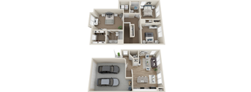 A 3D floor plan of a two-bedroom apartment with a garage.