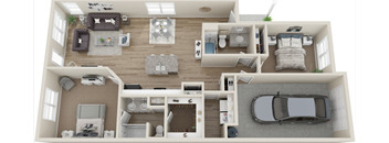 A 3D floor plan of a two-bedroom apartment with a living room, kitchen, and bathroom.