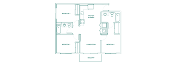 A floor plan of a house with a living room, kitchen, and three bedrooms.