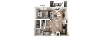 A 12 x 11.4 foot bathroom with a 13.8 x 23 foot kitchen.
