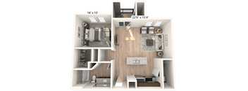 A 3D floor plan of a small apartment with a kitchen, living room, and bedroom.
