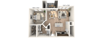 A 3D floor plan of a small apartment with a kitchen, living room, and bathroom.