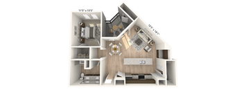A 3D floor plan of a small apartment with a kitchen, living room, and bathroom.