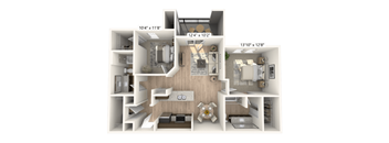 A 3D floor plan of a house with three bedrooms, a living room, a kitchen, and a bathroom.