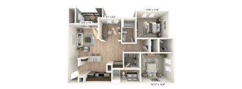 A 3D floor plan of a small apartment with a kitchen, living room, and bedroom.