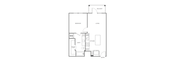A floor plan of a small apartment with a bedroom, living room, kitchen, and bathroom.