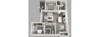 A 3D floor plan of a small apartment with a kitchen, living room, and bedroom.