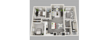 A 3D floor plan of a house with multiple rooms and furniture.