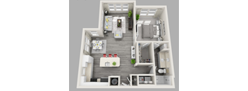A 3D floor plan of a modern apartment layout.