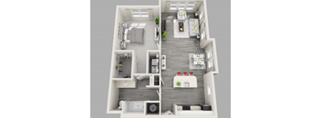 A 3D floor plan of a small apartment with a kitchen, living room, and bathroom.