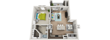 A 3D floor plan of a small apartment with a kitchen, living room, and bathroom.