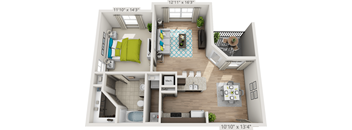 A 3D floor plan of a small apartment with a kitchen, living room, and bathroom.
