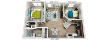 A 3D floor plan of a small apartment with two bedrooms, a living room, and a kitchen.