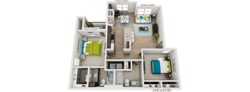 A 9'10" x 17'5" living room with a couch, coffee table, and kitchen area.