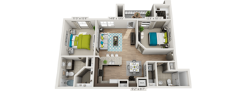 A 3D floor plan of a small apartment with a kitchen, living room, and bathroom.