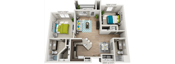 A 3D floor plan of a small apartment with a kitchen, living room, and bedroom.