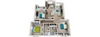 A 3D floor plan of a small apartment with dimensions and measurements.