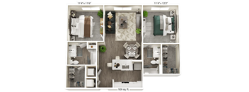 A floor plan of a 926 square foot apartment with three bedrooms, two bathrooms, and a living room.