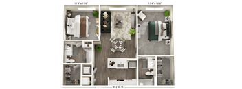A floor plan of a 972 square foot apartment with two bedrooms, a living room, a kitchen, and a bathroom.
