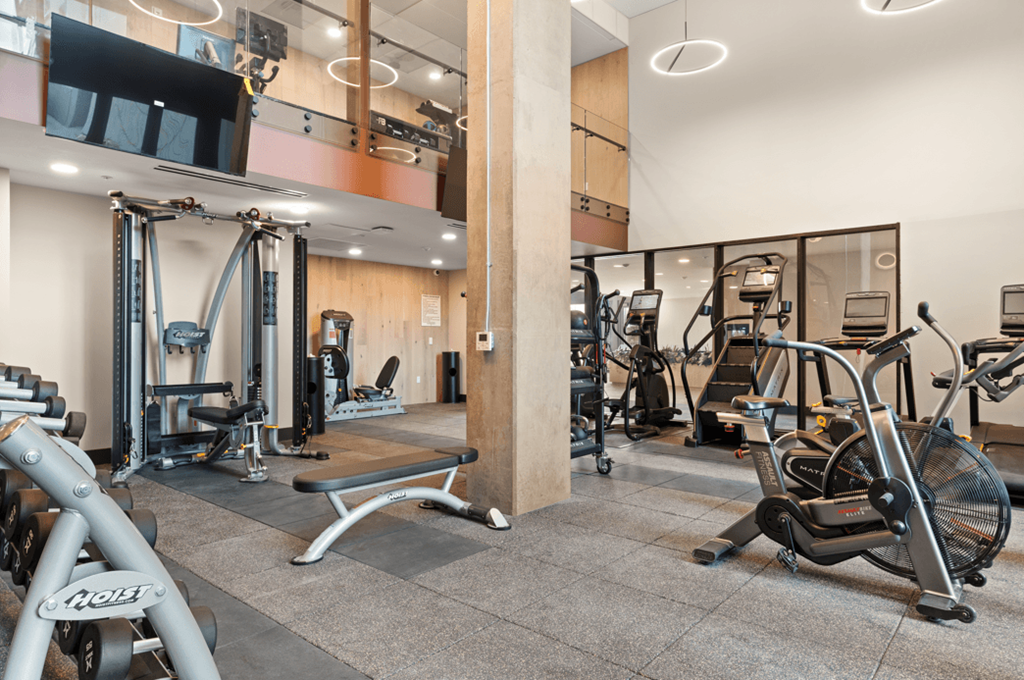 A gym with a variety of equipment including weights and cardio machines.