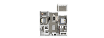 A floor plan of a house with a kitchen, living room, and two bedrooms.