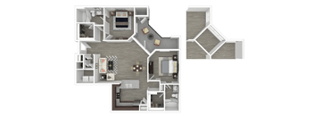 A detailed 3D floor plan of a house layout.