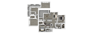 A 3D floor plan of a house with multiple rooms and furniture.