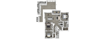A detailed 3D floor plan of a house layout.