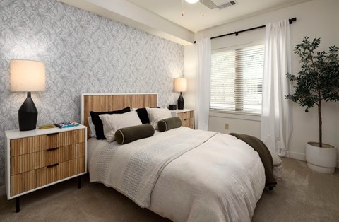 A bedroom with a large bed, a nightstand with a lamp, and a potted plant.