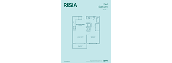 A floor plan for a 1 Bed 1 Bath Unit at RESIA, showing the layout of the kitchen, living room, bedroom, and bathroom.
