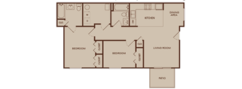 A floor plan of a house with a kitchen, dining area, living room, and patio.