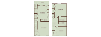 A floor plan of a house with two bedrooms, a living room, a kitchen, a dining area, a patio, and a storage area.