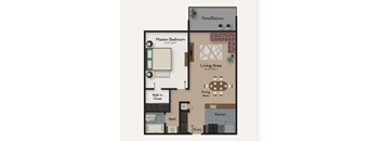 A floor plan of a small apartment with a master bedroom, living area, kitchen, and bath.