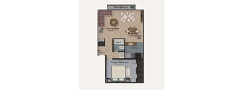 A floor plan of a house with a living area, dining area, kitchen, bath, and master bedroom.