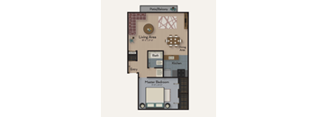 A floor plan of a small apartment with a living area, kitchen, bath, and master bedroom.