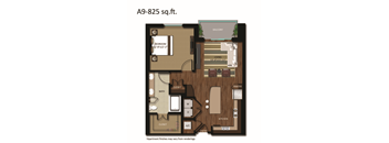 Apartment floor plan with a bedroom, bathroom, closet, living room, dining room, kitchen, pantry, and balcony.