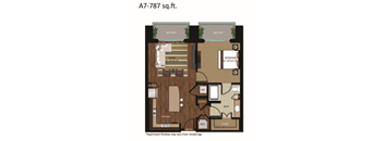 A floor plan of an apartment with a living room, kitchen, pantry, bathroom, and two bedrooms.
