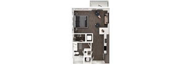 A top-down view of a small apartment with a kitchen, living room, and bathroom.