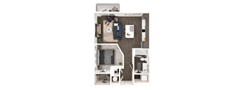 A top-down view of a small apartment with a bed, desk, and kitchenette.