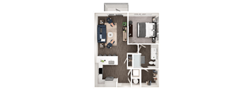 A top-down view of a modern apartment layout with a kitchen, living room, and bedroom.