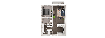 A top-down view of a modern apartment layout.