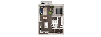 A top-down view of a modern apartment layout with a kitchen, living room, and dining area.