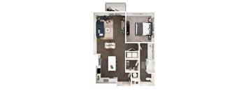 A top-down view of a small apartment with a living room, kitchen, and bedroom.