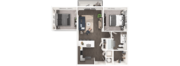 A top-down view of a modern apartment layout.