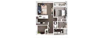 A top-down view of a small apartment with a living room, kitchen, and bathroom.