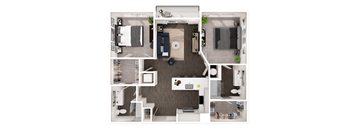 A series of images showing different layouts of a small apartment.