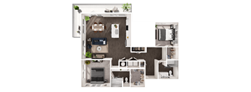 A floor plan of a house with a living room, kitchen, and bedrooms.