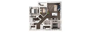 A top-down view of a modern apartment layout.