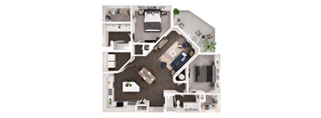 A top-down view of a house layout with a kitchen, living room, and bedrooms.